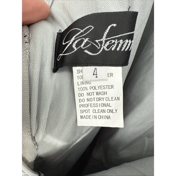 La Femme Size 4 Silver Gray Tie Back Satin Maxi Cocktail Prom Gown Dress Slit - Picture 9 of 10